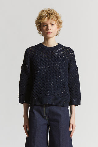 Pure wool cordonet crew-neck sweater with sequins