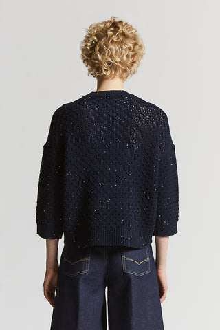 Pure wool cordonet crew-neck sweater with sequins