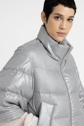 Short down jacket in laminated viscose blend flannel