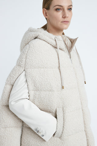 Sleeveless midi down jacket in wool bouclé fabric