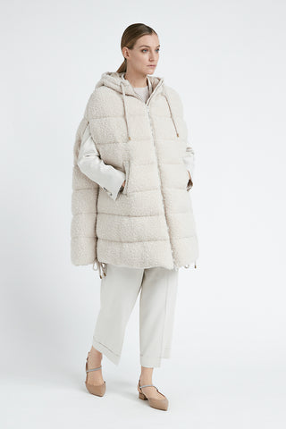 Sleeveless midi down jacket in wool bouclé fabric