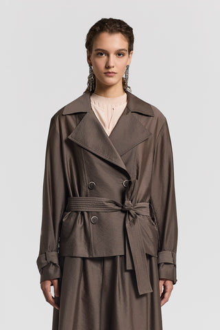Double-breasted lyocell mini trench coat