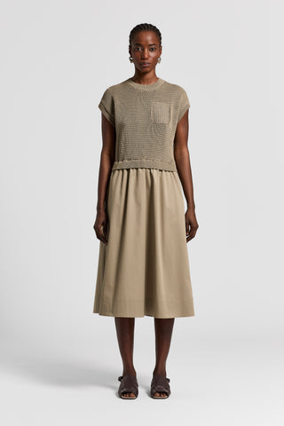 Bi-material cotton midi dress