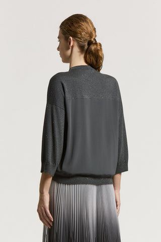 Bi-material lurex wool and crepe de chine sweater