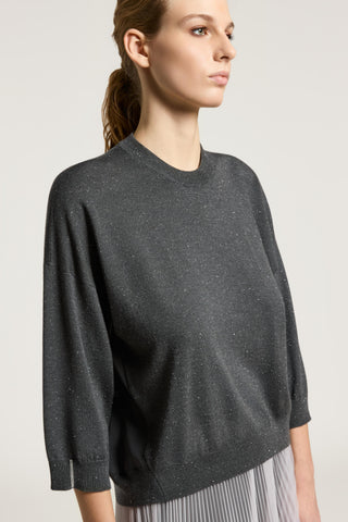 Bi-material lurex wool and crepe de chine sweater