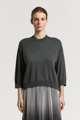 Bi-material lurex wool and crepe de chine sweater