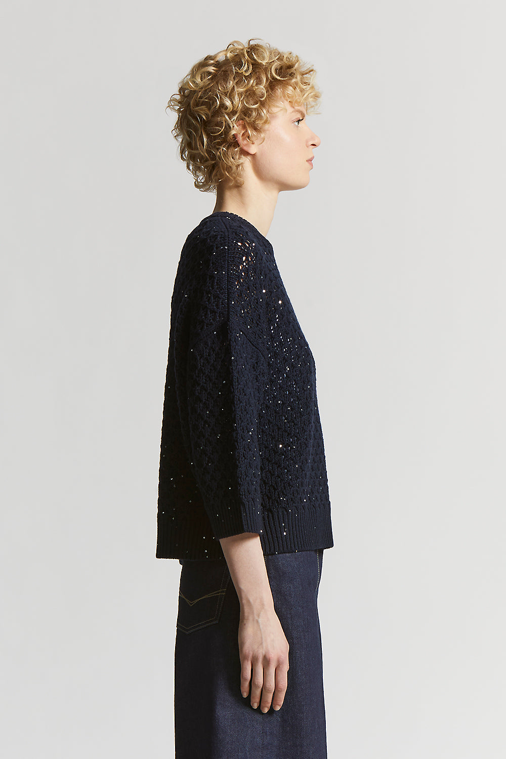 Pure wool cordonet crew-neck sweater with sequins | Peserico US