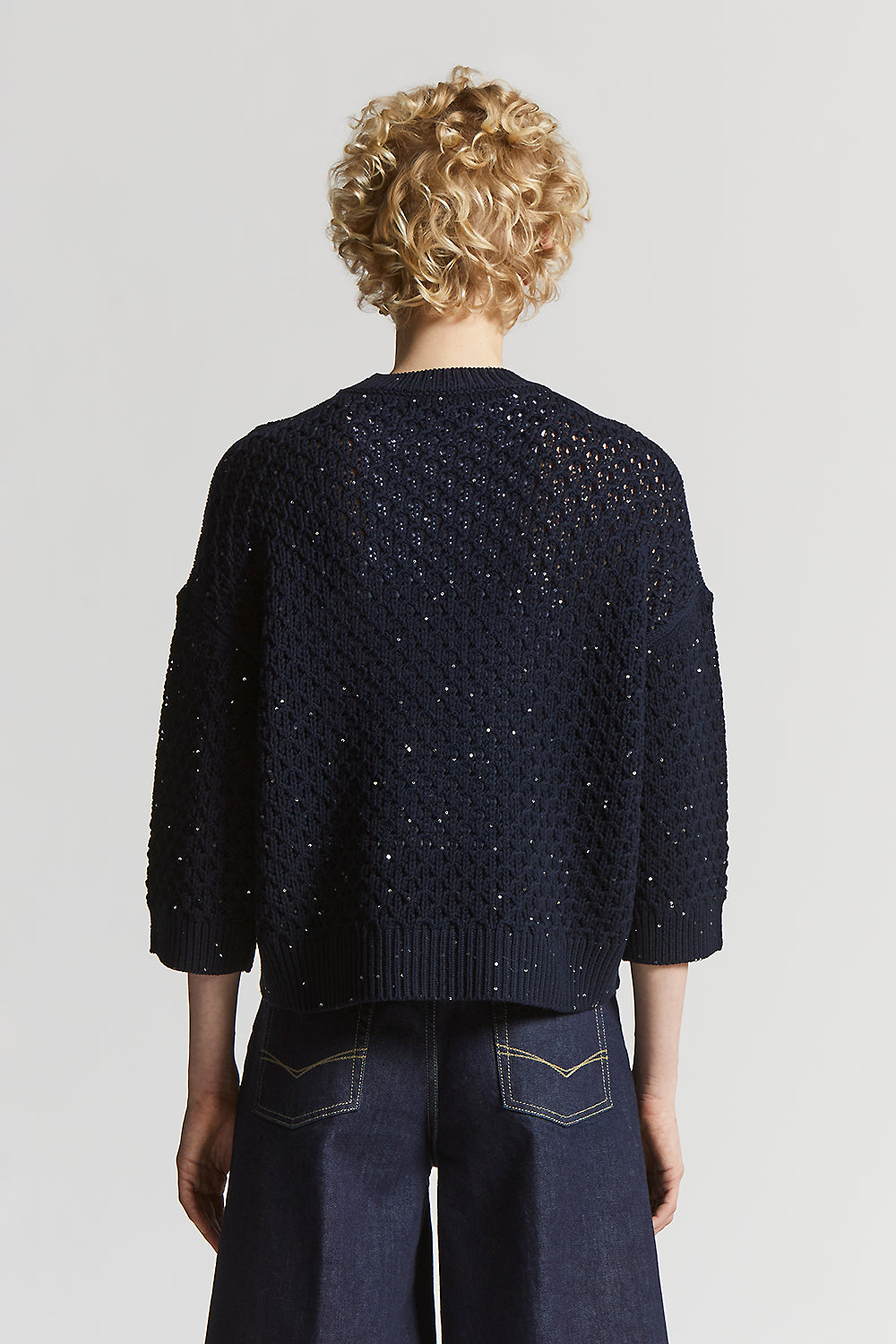 Pure wool cordonet crew-neck sweater with sequins | Peserico US
