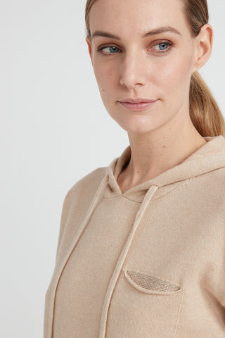 Short-sleeved hooded sweater in a wool, silk and cashmere blend