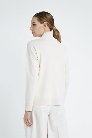 Wool, silk and cashmere shaved knit high neck sweater