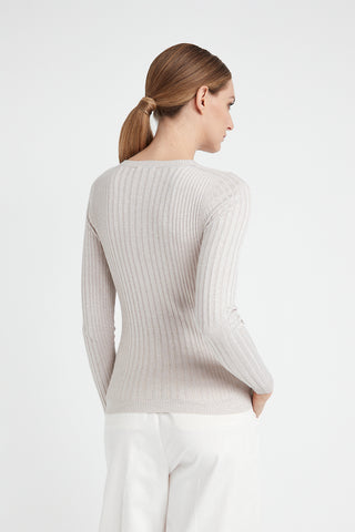 Ribbed high neck sweater in viscose yarn and Lurex