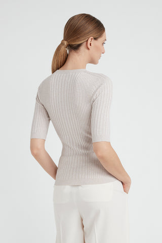 Ribbed short-sleeved sweater in viscose yarn and Lurex