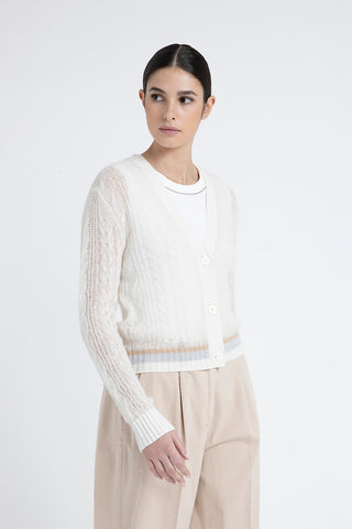 Merino wool, alpaca and Lurex cardigan with plaited stitch crew neck