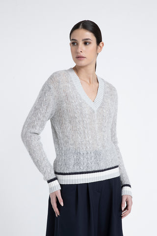 Merino wool, alpaca and Lurex sweater with plaited stitch V-neck