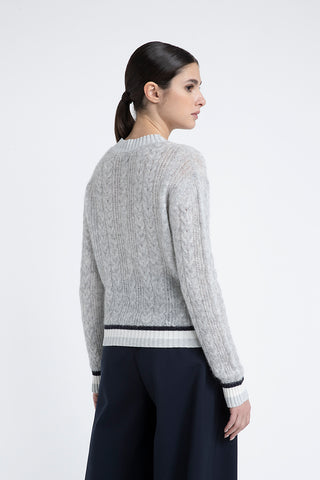 Merino wool, alpaca and Lurex sweater with plaited stitch V-neck