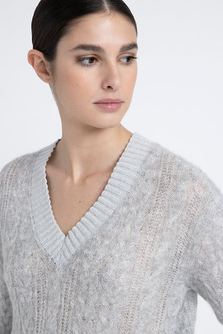 Merino wool, alpaca and Lurex sweater with plaited stitch V-neck