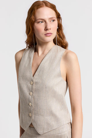 Herringbone linen and viscose vest with lamé