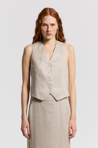 Herringbone linen and viscose vest with lamé