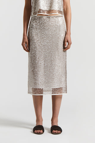 Translucent sequin net midi skirt