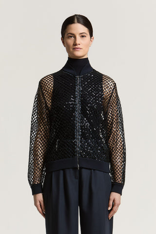 Sequined mesh bomber jacket