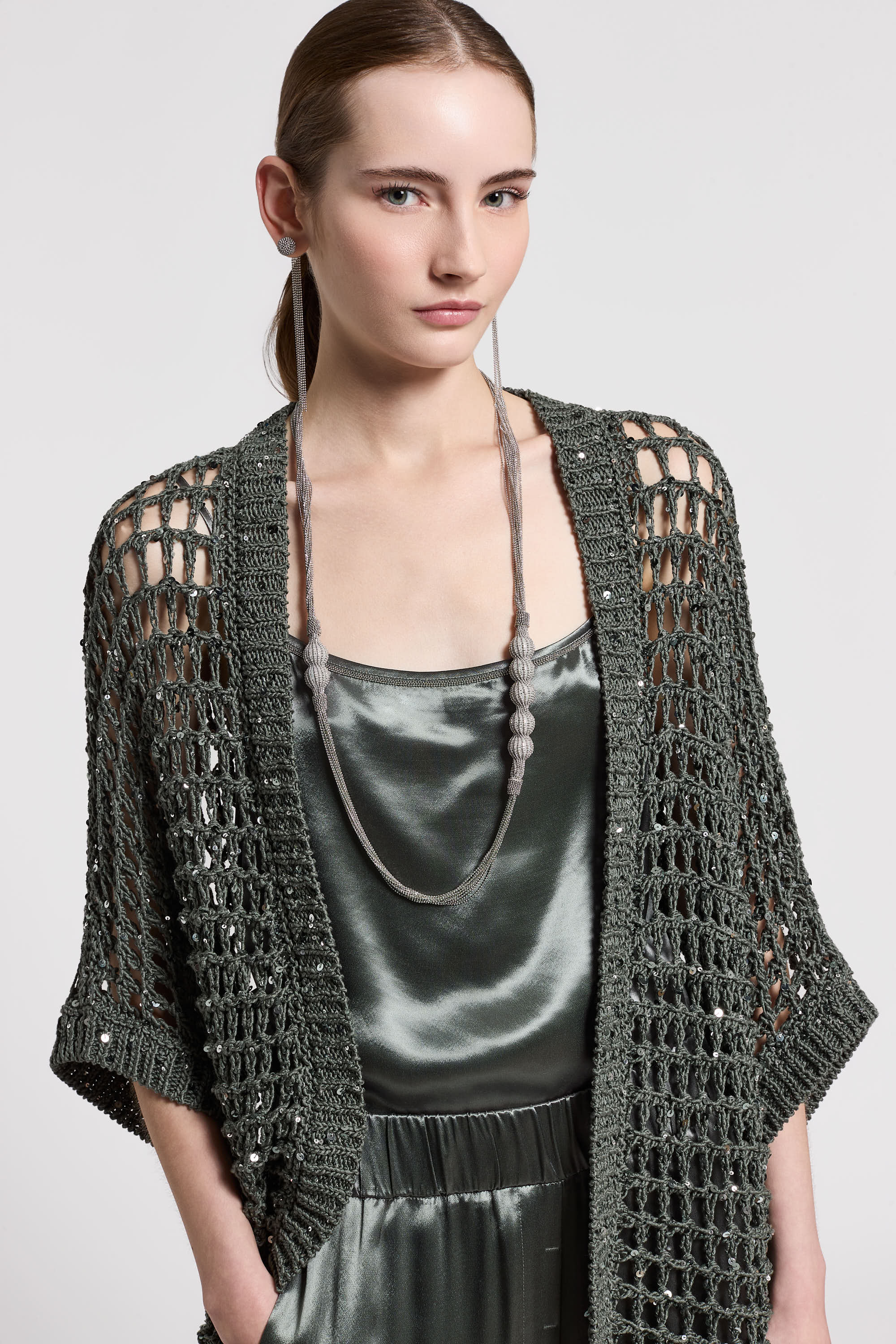 Cotton ribbon knitted cardigan with sequins | Peserico US