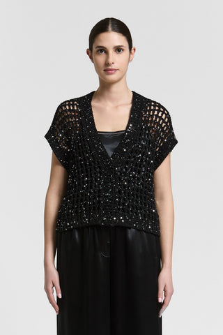 Cotton ribbon cardigan with sequins