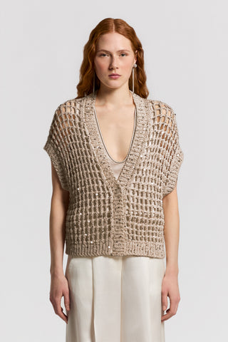 Cotton ribbon cardigan with sequins