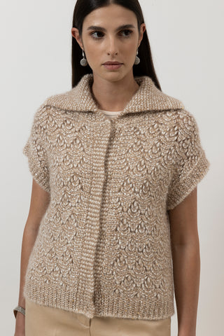 Buttoned waistcoat in alpaca mouliné yarn with sequins and Lurex