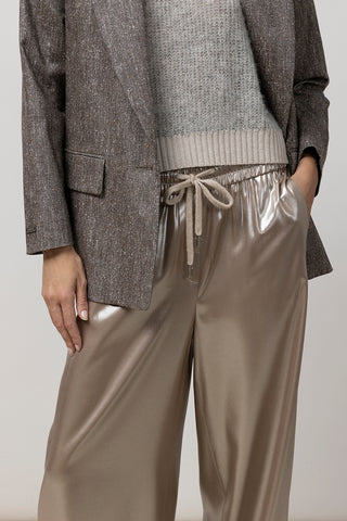 Fluid silver laminated twill trouser