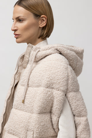 Sleeveless midi down jacket in wool bouclé fabric