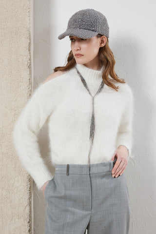 Angora wool sweater with cut out shoulder