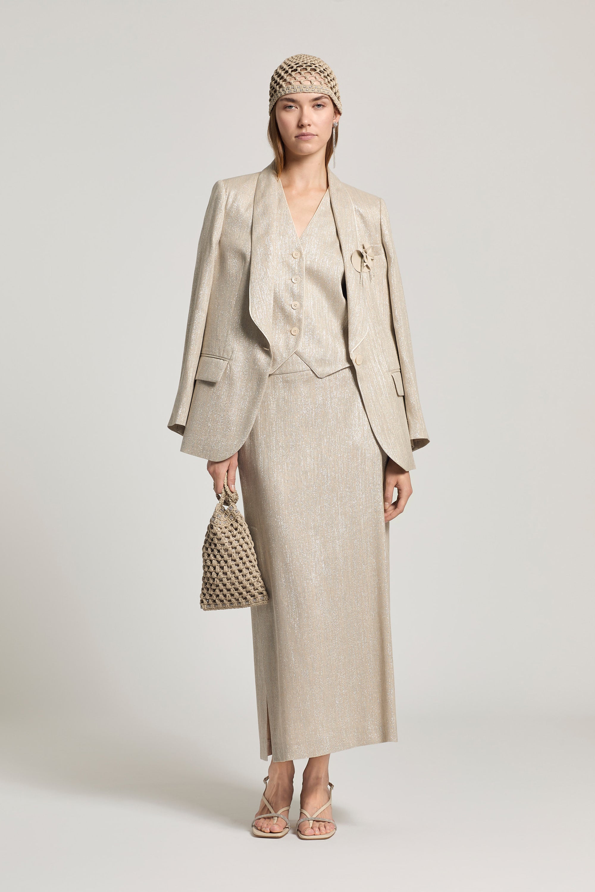 Linen, viscose, and lamé herringbone skirt | Peserico US