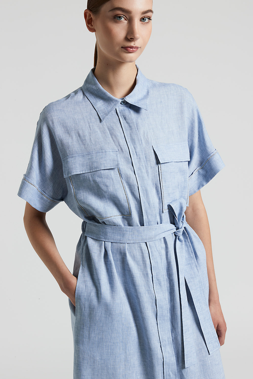 オールインワン・サロペット Peserico Light Blue Linen Chemisier Midi Dress Linen midi dress | Peserico US
