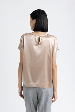 Silk satin T-shirt with Punto Luce trim