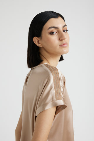 Silk satin T-shirt with Punto Luce trim