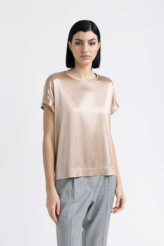 Silk satin T-shirt with Punto Luce trim