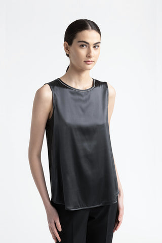 Shiny silk satin top with Punto Luce trim