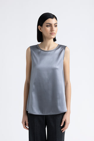 Shiny silk satin top with Punto Luce trim