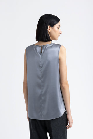 Shiny silk satin top with Punto Luce trim