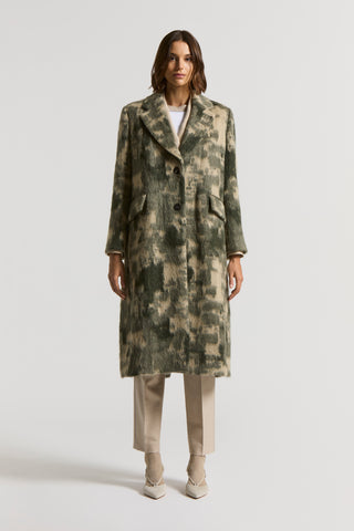 Long camouflage coat in alpaca and wool