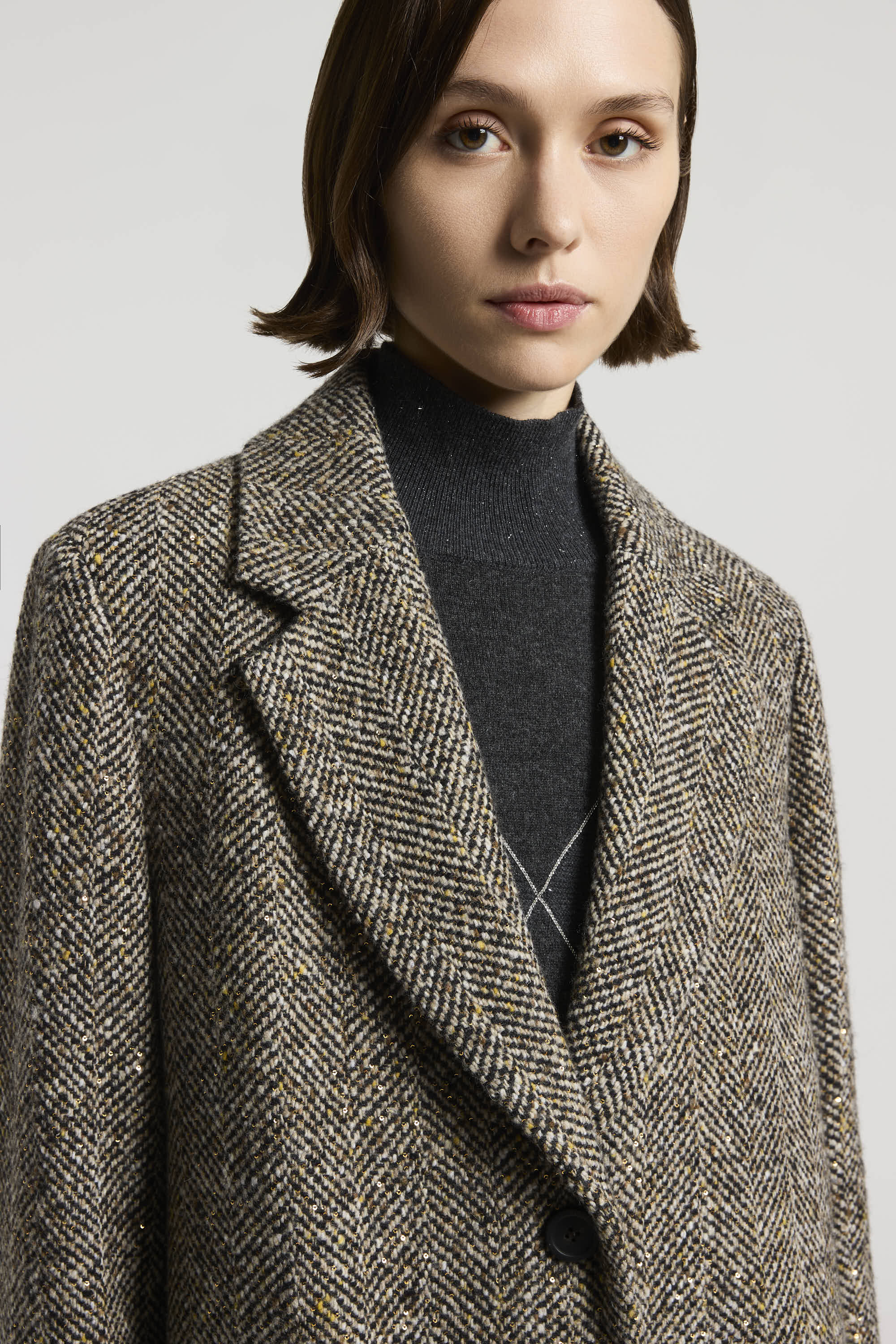 Long herringbone wool coat with sequins | Peserico US