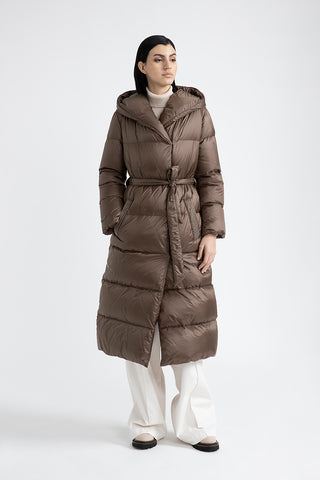 Long goose down jacket with hood and belt