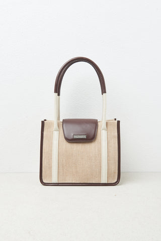 Two-tone leather and linen hand-held bag