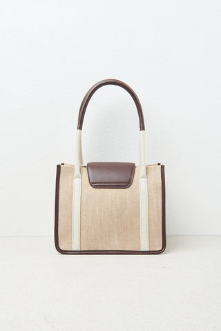 Two-tone leather and linen hand-held bag