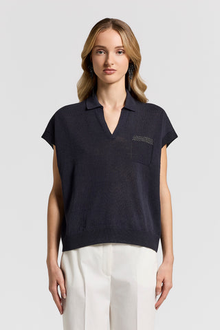 Cotton linen polo-style sweater