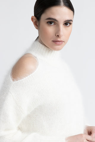 Angora wool sweater with cut out shoulder